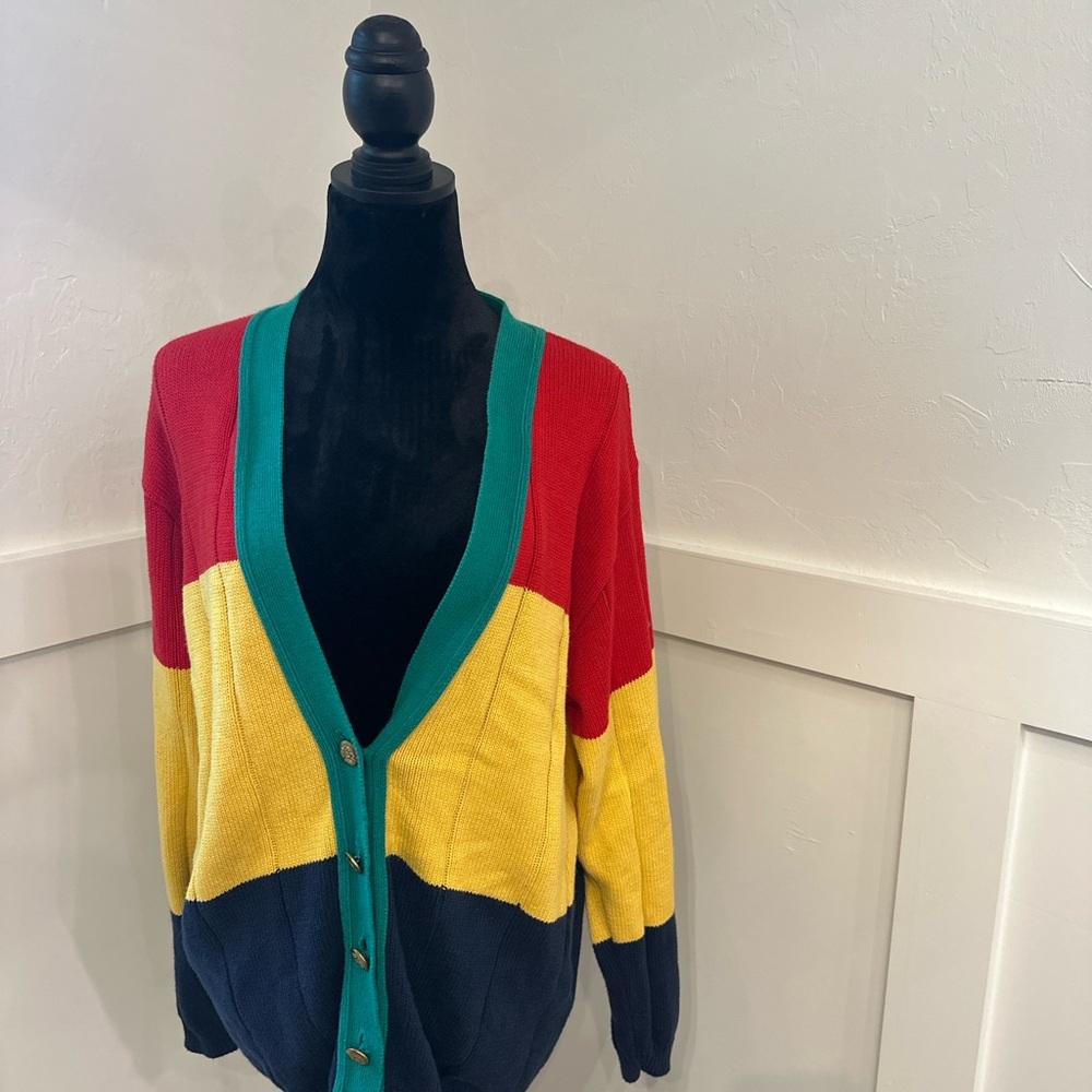 Talbots Colorful Women's Cardigan‎ with Red, Yellow, and Navy - Picture 2 of 4